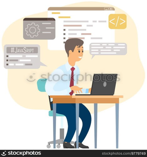 Programmer or coder looking at computer display and program window with code. Concept of API or script coding or application programming interface for software connection. Software development. Programmer or coder looking at computer display and program window with code, software development