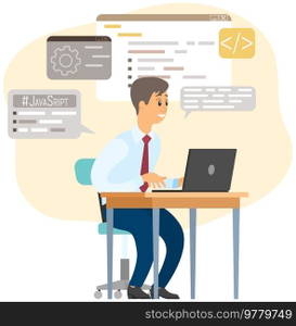 Programmer or coder looking at computer display and program window with code. Concept of API or script coding or application programming interface for software connection. Software development. Programmer or coder looking at computer display and program window with code, software development