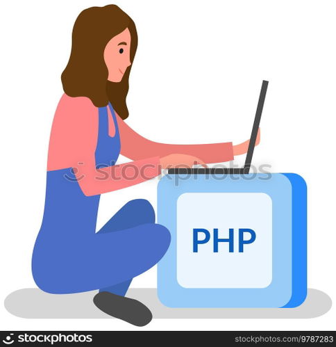 Programmer, php button and laptop. Programming or coding, digital technology. Lady is working with electronic device to create websites. Php developer sitting on block with text PHP. Woman programmer working withl aptop to create websites, programming or coding with text PHP