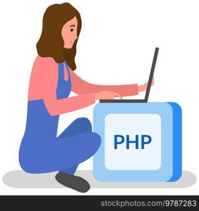 Programmer, php button and laptop. Programming or coding, digital technology. Lady is working with electronic device to create websites. Php developer sitting on block with text PHP. Woman programmer working withl aptop to create websites, programming or coding with text PHP