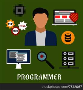 Programmer profession flat icons with man encircled by laptop with antivirus, desktop computer, microchip, data base and server, virus, magnifying glass and gears with php, css, html. Programmer and devices flat icons