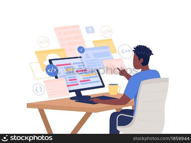 Programmer semi flat color vector character. Student figure. Sitting person on white. Man at computer desk. Coding isolated modern cartoon style illustration for graphic design and animation. Programmer semi flat color vector character