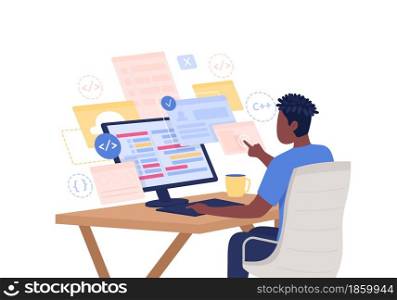 Programmer semi flat color vector character. Student figure. Sitting person on white. Man at computer desk. Coding isolated modern cartoon style illustration for graphic design and animation. Programmer semi flat color vector character