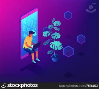 Programmer sitting in mobile phone near plant and working with laptop. Digital health and digital era, information age and data science concept. Ultraviolet neon vector isometric 3D illustration.. Digital era concept vector isometric illustration.