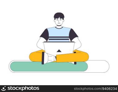 Programmer sitting on loading bar flat design. Asian guy sitting with laptop and working. Web loader ui ux. Please wait. Graphical user interface. Cartoon vector illustration on white background. Programmer sitting on loading bar flat design
