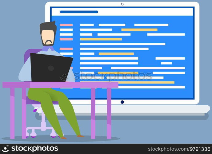 Programmer sitting with laptop coding, programming. Man writes program code, uses technology for work. Web design, programming, software development concept. IT specialist working with computer. Web design, programming, software development concept. IT specialist coding with computer laptop