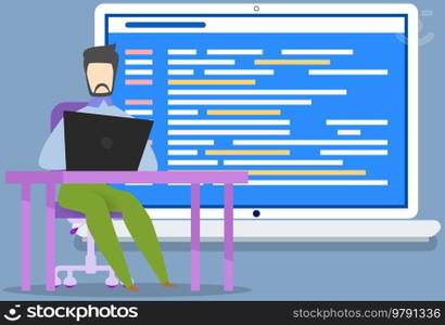 Programmer sitting with laptop coding, programming. Man writes program code, uses technology for work. Web design, programming, software development concept. IT specialist working with computer. Web design, programming, software development concept. IT specialist coding with computer laptop