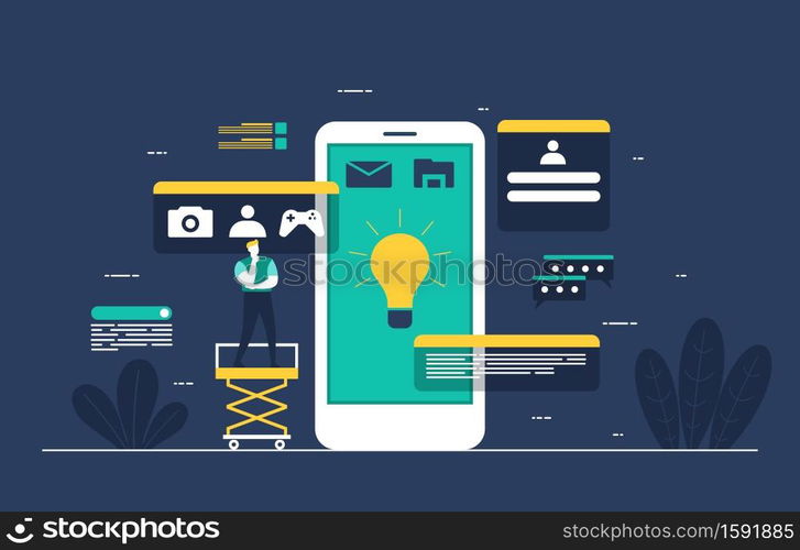 Programmer Thinking Mobile App Development Process Flat Design Illustration