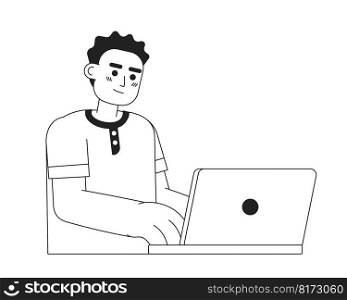 Programmer typing on laptop monochromatic flat vector character. Linear hand drawn sketch. Editable half body person. Simple black and white spot illustration for web graphic design and animation. Programmer typing on laptop monochromatic flat vector character