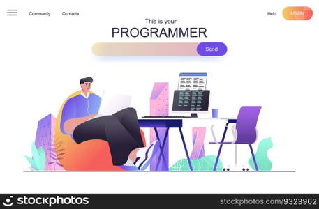 Programmer web concept for landing page. Male developer creates code, develops programs and software, tests applications banner template. Vector illustration for web page in flat cartoon design