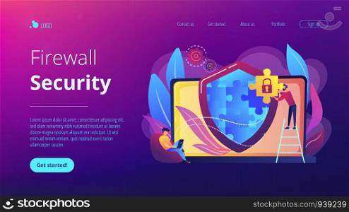 Programmer with jigsaw shield system monitoring network traffic. Firewall, network security system and network firewall concept on white background. Website vibrant violet landing web page template.. Firewall concept landing page.