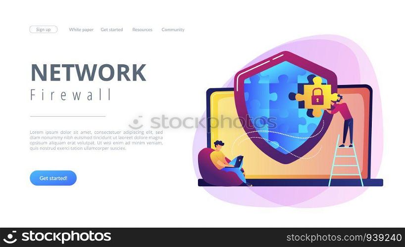 Programmer with jigsaw shield system monitoring network traffic. Firewall, network security system and network firewall concept on white background. Website vibrant violet landing web page template.. Firewall concept landing page.