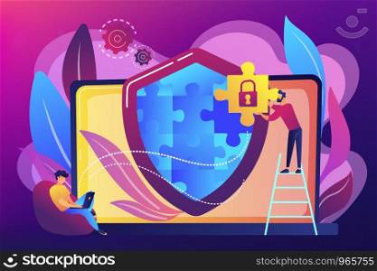 Programmer with jigsaw shield system monitors network traffic. Firewall, network security system, network firewall concept on white background. Bright vibrant violet vector isolated illustration. Firewall concept vector illustration.