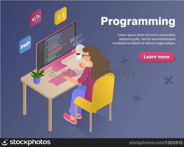 Programmer woman at work concept banner. Flat isometric vector illustration isolated on dark background. Can use for web banner, hero images, infographics.. Programmer woman at work concept banner. Flat isometric vector illustration isolated on dark background