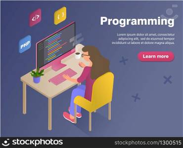 Programmer woman at work concept banner. Flat isometric vector illustration isolated on dark background. Can use for web banner, hero images, infographics.. Programmer woman at work concept banner. Flat isometric vector illustration isolated on dark background