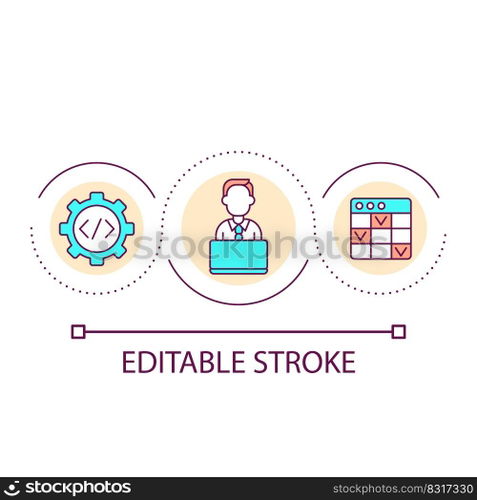 Programmer work loop concept icon. Creating software and applications. Digital data processing abstract idea thin line illustration. Isolated outline drawing. Editable stroke. Arial font used. Programmer work loop concept icon