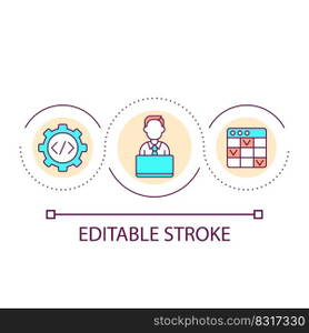 Programmer work loop concept icon. Creating software and applications. Digital data processing abstract idea thin line illustration. Isolated outline drawing. Editable stroke. Arial font used. Programmer work loop concept icon