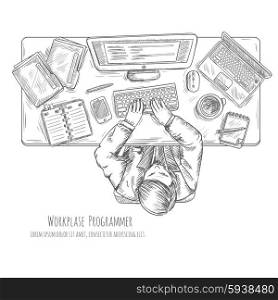 Programmer work place with man at the table top view sketch vector illustration. Programmer Work Place Sketch