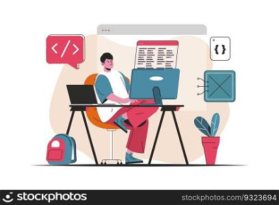 Programmer working concept isolated. Creation and development of software, programs. People scene in flat cartoon design. Vector illustration for blogging, website, mobile app, promotional materials.