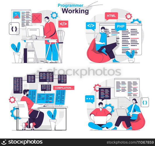 Programmer working concept set. Developer creates software and tests programs. People isolated scenes in flat design. Vector illustration for blogging, website, mobile app, promotional materials.