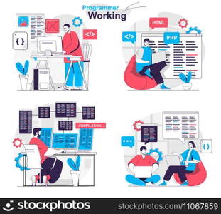 Programmer working concept set. Developer creates software and tests programs. People isolated scenes in flat design. Vector illustration for blogging, website, mobile app, promotional materials.