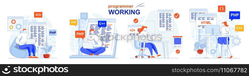 Programmer working concept set. Software development, code programming, testing. People isolated scenes in flat design. Vector illustration for blogging, website, mobile app, promotional materials.