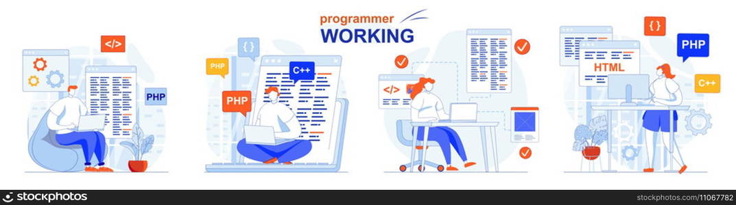 Programmer working concept set. Software development, code programming, testing. People isolated scenes in flat design. Vector illustration for blogging, website, mobile app, promotional materials.