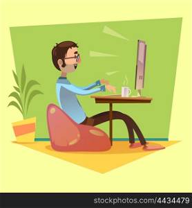 Programmer Working Illustration . Programmer working with coffee and computer on yellow background cartoon vector illustration
