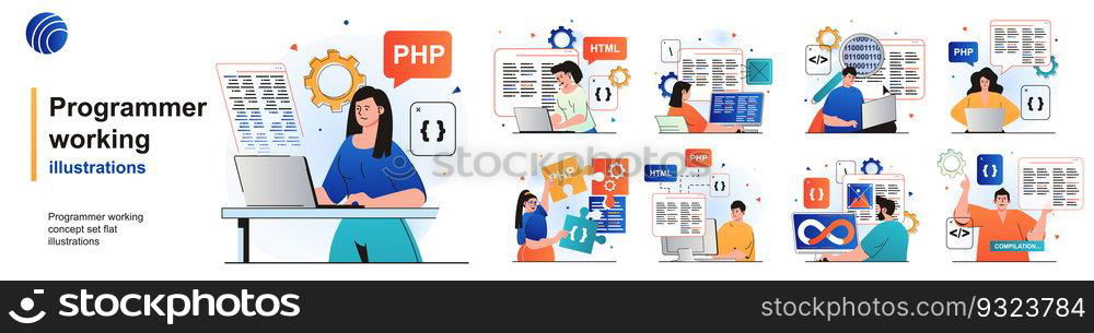 Programmer working isolated set. Devops, coding, programming software testing. People collection of scenes in flat design. Vector illustration for blogging, website, mobile app, promotional materials.