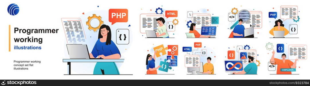 Programmer working isolated set. Devops, coding, programming software testing. People collection of scenes in flat design. Vector illustration for blogging, website, mobile app, promotional materials.