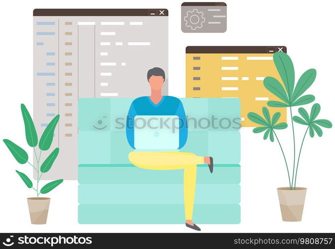 Programmer working on web development on computer. Concept of script coding and programming in php, python, javascript, other languages. Software professional developer sitting on office with laptop. Programmer working on web development on computer. Concept of script coding and programming