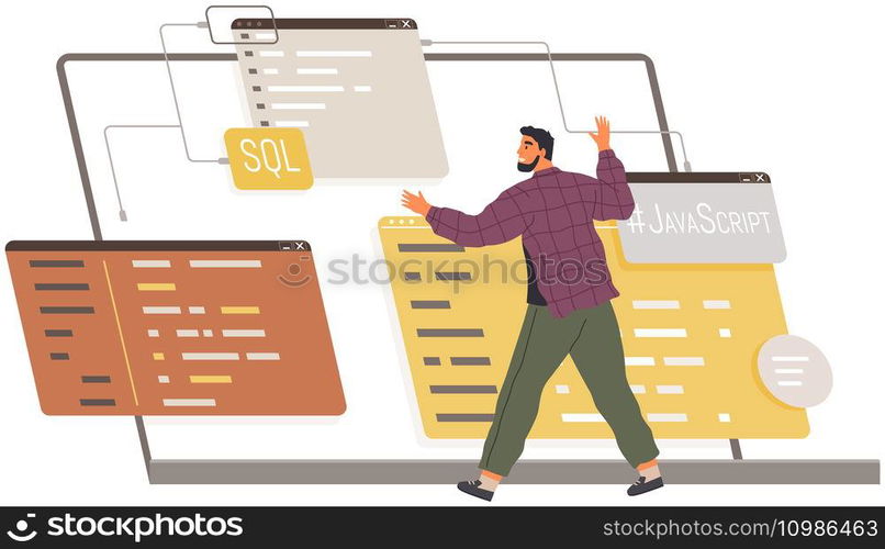 Programmer working on writing code on special language sql and java script. Concept of software development and web engineering. Web development, program code writing, site or application construction. Programmer is working on writing codes on special language sql and java script, program code writing