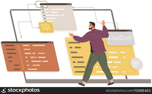 Programmer working on writing code on special language sql and java script. Concept of software development and web engineering. Web development, program code writing, site or application construction. Programmer is working on writing codes on special language sql and java script, program code writing