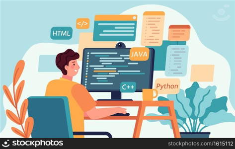 Programmer working. Program or web developer coding on computer. Screen with code, script and open windows. Coder engineer vector concept. Illustration development programmer, programming and coding. Programmer working. Program or web developer coding on computer. Screen with code, script and open windows. Coder engineer vector concept