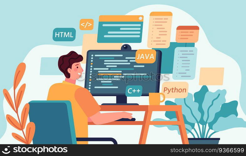 Programmer working. Program or web developer coding on computer. Screen with code, script and open windows. Coder engineer vector concept. Illustration development programmer, programming and coding. Programmer working. Program or web developer coding on computer. Screen with code, script and open windows. Coder engineer vector concept
