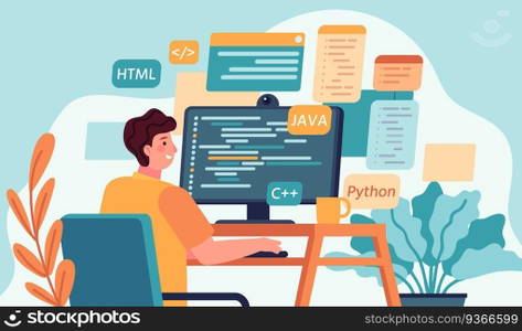 Programmer working. Program or web developer coding on computer. Screen with code, script and open windows. Coder engineer vector concept. Illustration development programmer, programming and coding. Programmer working. Program or web developer coding on computer. Screen with code, script and open windows. Coder engineer vector concept