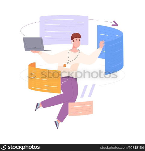 Programmer write software. Development code program, technology programming languages, system bug, professional work computer, pc script web html java php, splendid vector illustration. Programmer write software. Development code program, technology programming languages, system bug, professional work computer