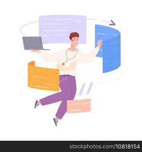 Programmer write software. Development code program, technology programming languages, system bug, professional work computer, pc script web html java php, splendid vector illustration. Programmer write software. Development code program, technology programming languages, system bug, professional work computer