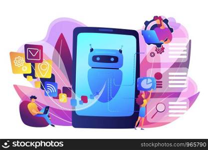 Programmers and chatbot processing natural language. Natural language processing, chatbot natural language, natural language scince concept. Bright vibrant violet vector isolated illustration. Natural language processing concept vector illustration.