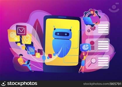 Programmers and chatbot processing natural language. Natural language processing, chatbot natural language, natural language scince concept. Bright vibrant violet vector isolated illustration. Natural language processing concept vector illustration.