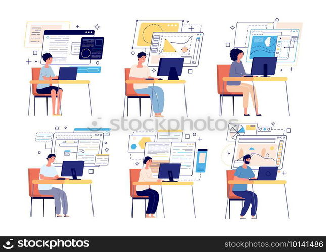 Programmers and developers. Computer game designer, web graphics or content managers. Professional software develop team set. Developer and programmer, software coding and programming illustration. Programmers and developers. Computer game designer, web graphics or content managers. Isolated professional software develop team vector set