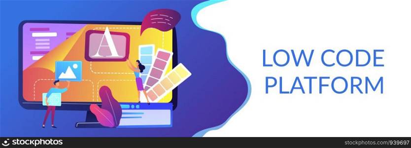 Programmers at computer using low code platform on computer, tiny people. Low code development, low code platform, LCDP easy coding concept. Header or footer banner template with copy space.. Low code development concept banner header.