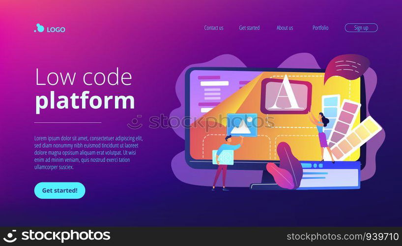 Programmers at computer using low code platform on computer, tiny people. Low code development, low code platform, LCDP easy coding concept. Website vibrant violet landing web page template.. Low code development concept landing page.