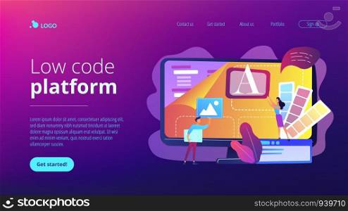 Programmers at computer using low code platform on computer, tiny people. Low code development, low code platform, LCDP easy coding concept. Website vibrant violet landing web page template.. Low code development concept landing page.