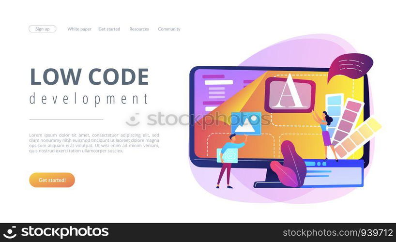 Programmers at computer using low code platform on computer, tiny people. Low code development, low code platform, LCDP easy coding concept. Website vibrant violet landing web page template.. Low code development concept landing page.