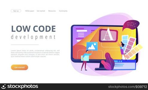 Programmers at computer using low code platform on computer, tiny people. Low code development, low code platform, LCDP easy coding concept. Website vibrant violet landing web page template.. Low code development concept landing page.