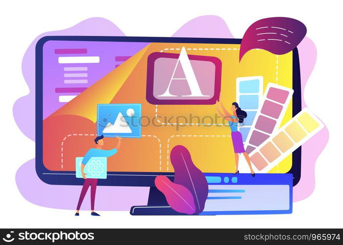 Programmers at computer using low code platform on computer, tiny people. Low code development, low code platform, LCDP easy coding concept. Bright vibrant violet vector isolated illustration. Low code development concept vector illustration.