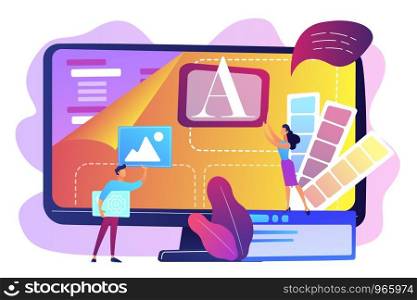 Programmers at computer using low code platform on computer, tiny people. Low code development, low code platform, LCDP easy coding concept. Bright vibrant violet vector isolated illustration. Low code development concept vector illustration.