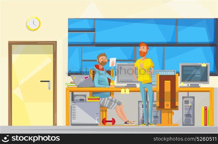 Programmers At Work Composition. Soft engineer flat doodle hipster characters composition in office room interior with computers furniture and windows vector illustration