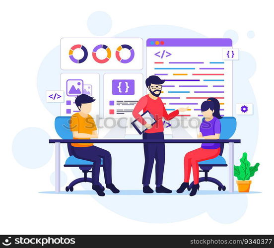 Programmers at work concept, People work on table using laptops programming and coding flat vector illustration
